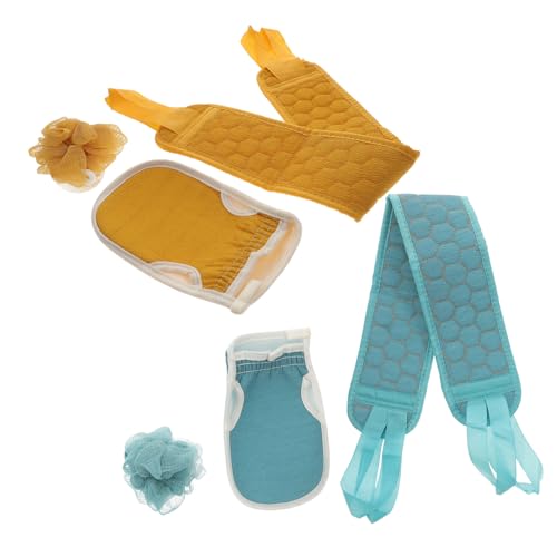 WOONEKY 2 Sätze Duschhandschuhe und Lange Rücken Badetücher Weich und Langlebig Schäumend Sanfte Peeling Wirkung Wiederverwendbar für Hautmassage und Gründliche von WOONEKY