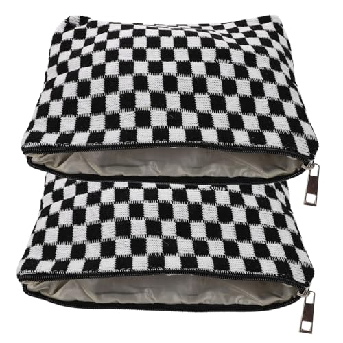 WOONEKY 2 Stück Karierte Schminktasche Große Kapazität Weiches Strickmaterial Leichtes Reise-kosmetiktäschchen mit Modernem Schachbrettmuster Für Frauen Mädchen von WOONEKY