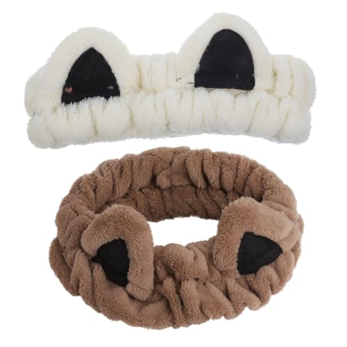 WOONEKY 2 Stück Katzenohren Haarband für Damen Elastisches Make Up Stirnband und Gesichtswäsche Zubehör für Hautpflege und Styling und Dunkelbraun von WOONEKY