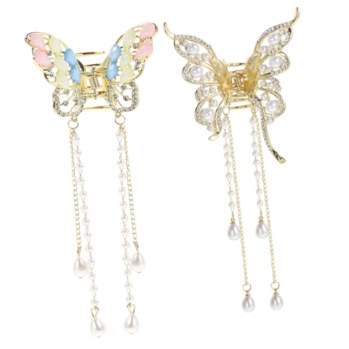 WOONEKY 2 Stück Metall Schmetterlings Haarklammern mit Strass Quasten Starke Haarklammern für Dickes Haar Luxuriöser Haarschmuck für Frauen Sicherer Vielseitig für Hochzeit Alltag von WOONEKY