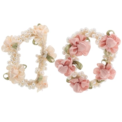 WOONEKY 2 Stück Perlen Haargummis Boho Rose Haarschmuck Blumen Pferdeschwanzhalter Elastische Haarbänder Scrunchies Seile Gummibänder Für Frauen Mädchen von WOONEKY