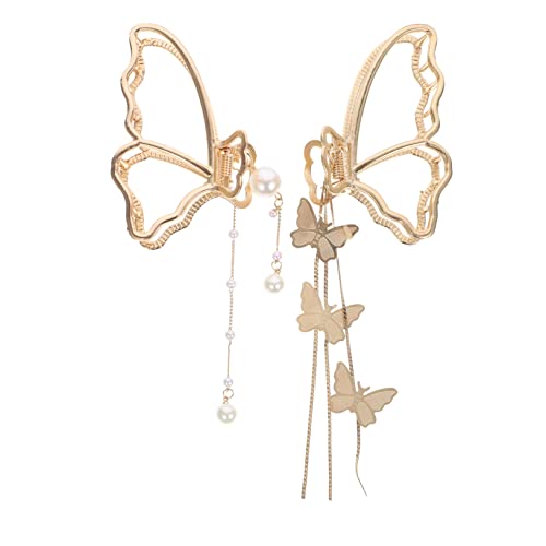 WOONEKY 2stücke Haarklammern Mit Perlen Und Quasten Metallische Haarspangen Im Schmetterlingsdesign Für Damen Strapazierfähige Haarschmuck-accessoires Für Verschiedene Anlässe von WOONEKY