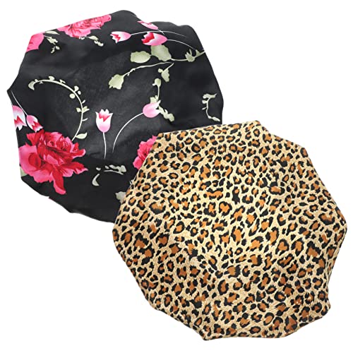 WOONEKY 2stücke Satin Bonnet Für Damen Teiliges Schwarz Mit Blumen Leopard Elastische Schlafhaube Zum Schutz Von Lockigem Und Natürlichem Haar Weich Atmungsaktiv Für Nachtpflege Und von WOONEKY