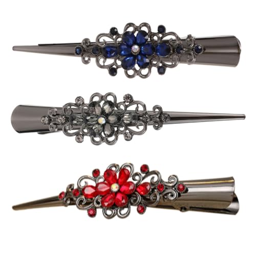 WOONEKY 3 Stück Dekorative Haarspangen Entenschnabel Clip Für Mädchen Retro Strass Haarklammern Rutschfest Schwarz Blau Rot Für Hochzeiten Und Alltag von WOONEKY