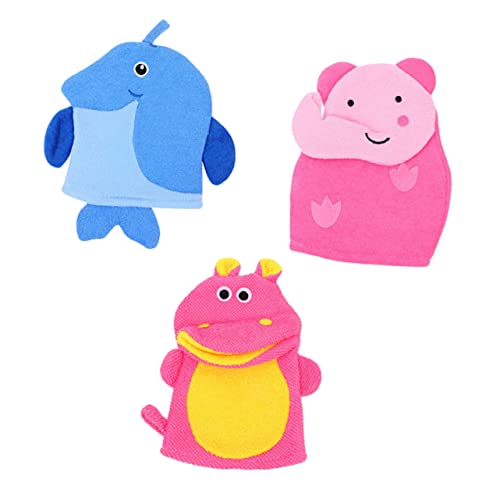 WOONEKY Duschbürste 3er-pack Badehandschuhe für Jungen und Mädchen Peeling-badehandschuhe Tierdrucke Hautreinigungshandschuhe für Mädchen Neugeborene bis Kinder Badezubehör-set von WOONEKY