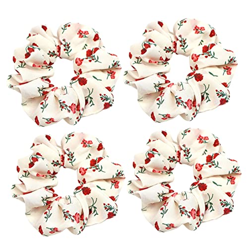 WOONEKY 4stücke Haarspangen Mit Floralem Druck Elastische Haargummis Für Frauen Ponytail Rot-blumen-beige Vielseitige Haaraccessoires Für Jeden Anlass von WOONEKY