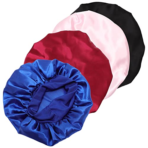 WOONEKY 4 Stück Satin Schlafhaube Damen Hochwertige Haarkappen für Pflege Atmungsaktive und Bequeme für Lange und Kurze Haare Schwarz Blau Rosa von WOONEKY