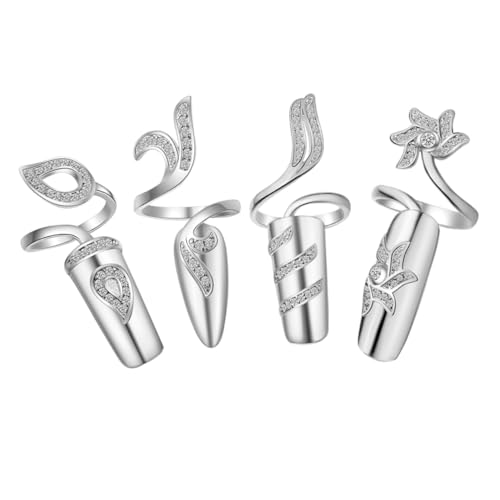WOONEKY 4 Stück Teiliges Damen Verstellbare Fingernagelringe mit Strasssteinen Modische Hand Fingerschmuck für Hochzeit Party Valentinstag Festtagsdekoration von WOONEKY
