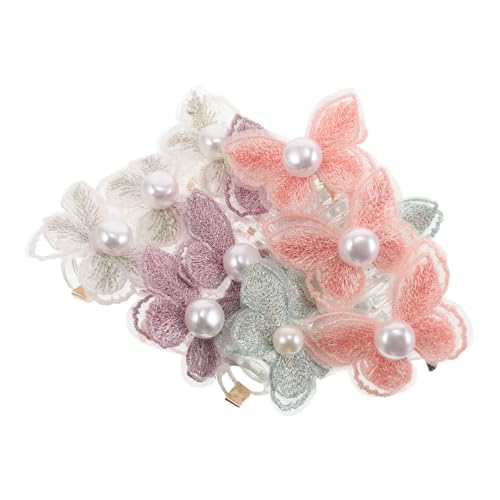 WOONEKY 4stücke Spiral-haargummi Mit Spitze Und Perle Schmetterlings-haargummi Mit Telefondraht Elastischer Pferdeschwanzhalter Haarschmuck Für Frauen Und Mädchen in Verschiedenen von WOONEKY