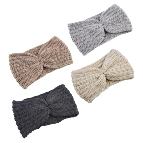WOONEKY 4 Stück Teiliges Gestrickte Wollstirnbänder Handgefertigte Warme Kopfband Ohrenwärmer in Schwarz Beige Mittelgrau Khaki Winterliche Strickaccessoires für Damen und Herren von WOONEKY