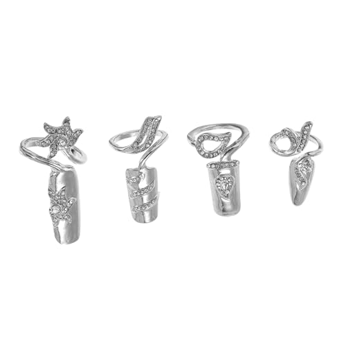 WOONEKY 4 Stück Teiliges Nagelring Funkelnden Strasssteinen Verstellbare Offene Fingerringe in Silber Modische Nageldekoration für Damen für Partys Cosplay und Alltagsschmuck von WOONEKY