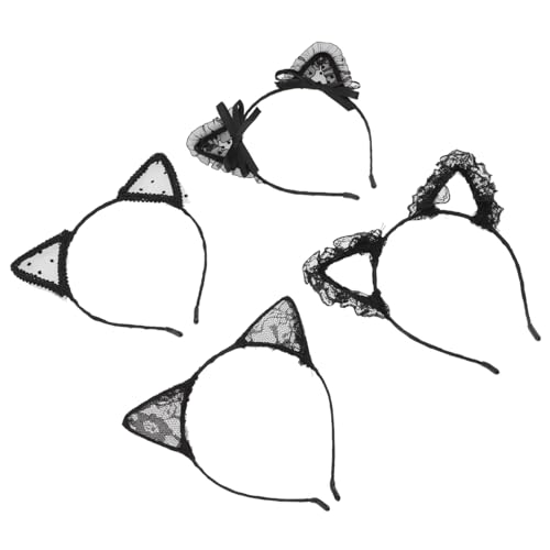 WOONEKY 4 Stück Teiliges Spitzen haarreif Damen Elastische Flexible Haarbänder mit Katzenohren design Schwarz Gepunktetes Netz und Schleife Geeignet für Partys Konzerte Geburtstage und von WOONEKY