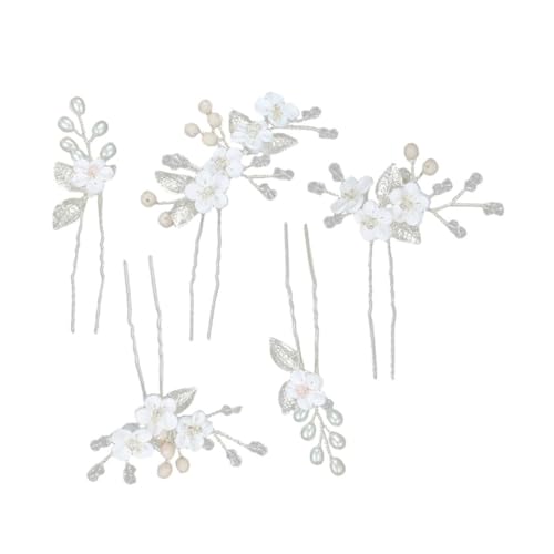 WOONEKY 5 Stück Teiliges Set Braut Haarnadeln mit Weißen Soft Blumen und Silbernen Metallblättern Dekorative U Förmige Hochzeits Haarspangen für Damen Eleganter Haarschmuck für Festliche von WOONEKY