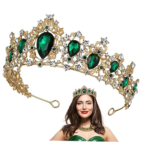 WOONEKY Barock Brautkrone Retro Haarschmuck Grün Goldene Tiara Damen Hochzeit Party Eleganter Kopfschmuck von WOONEKY
