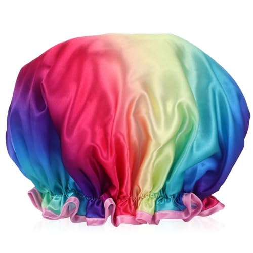 WOONEKY Duschhaube Damen Herren Duschhaube für Lange Haare Elastische Duschkappe Reise Duschhut mit Modischem Regenbogen Design von WOONEKY