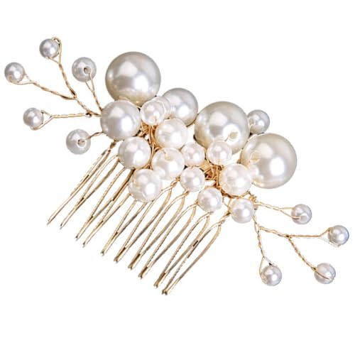 WOONEKY Eleganter Braut haarkamm mit Goldfarbenen Perlen Handgefertigter Haarschmuck für Frauen und Mädchen Klassischer Hochzeitsschmuck Seitlicher Kamm für Festliche Frisuren von WOONEKY