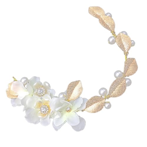 WOONEKY Elegantes Braut stirnband Weißes Stoffblumen design mit Goldenen Blättern und Perlen Hochzeit Haarschmuck für Damen Festliche Anlässe Party Schmuck von WOONEKY