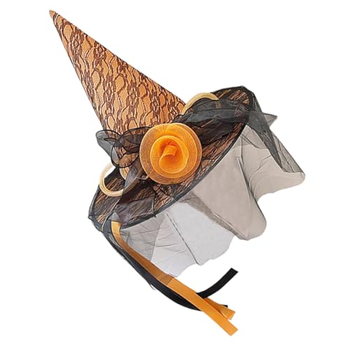 WOONEKY Halloween Hexenhut für Damen in Leuchtendem Orange mit Blumen und Netzdekor Leichter Atmungsaktiver Klassisches Design für Party Cosplay und Festliche Verkleidung von WOONEKY