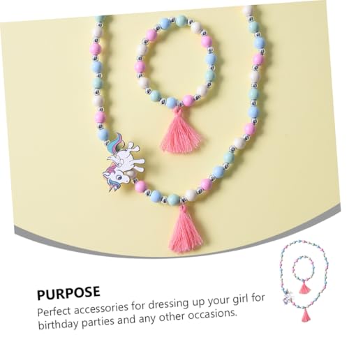 WOONEKY Holzperlen Schmuckset mit Einhorn Anhänger Buntes Armband und Halskette für Kleine Mädchen Kreatives Holzperlen design für Geburtstagsparty und Alltagsmode von WOONEKY