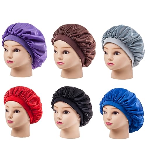 WOONEKY Luxuriöse Satin Schlafmütze Für Damen Breite Haube Für Lange Haare Atmungsaktives Material Mit Kokosnussöl Behandelt Für Nächtliche 30cm Durchmesser Blau von WOONEKY