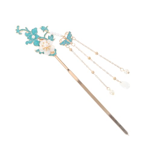 WOONEKY Retro Chinesische Haarspange mit Lebendigem Emaille Blumenmotiv Förmig Metall Haarpin mit Blauen Quasten Vielseitiger Haarschmuck für Frauen und Mädchen zu Traditionellen Anlässen von WOONEKY