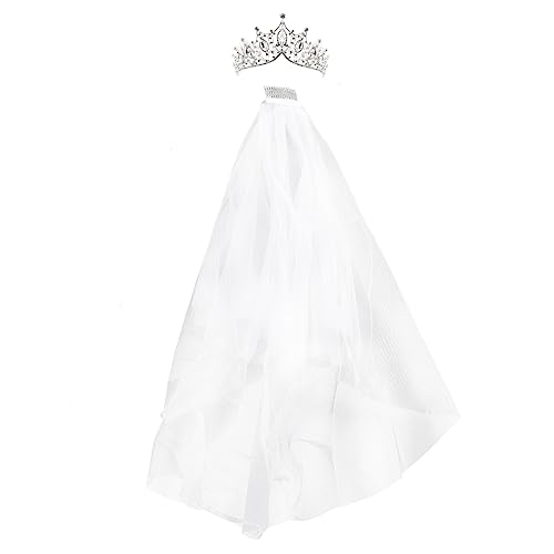 WOONEKY Rhinestone Tiara Haarschmuck mit Schleier Leichtes Komfortables Braut Stirnband für Hochzeit Party und Fest Silberne Krone mit Weißem Doppellagigem Schleier Damen Accessoire von WOONEKY