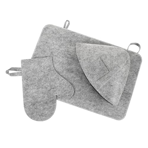 WOONEKY Sauna Hut Set aus Filz mit Handschuh und Matte Atmungsaktiv Bequemes Saunazubehör für Damen und Herren Geeignet für Sauna Zuhause und Badezimmer Graues Teiliges Set von WOONEKY