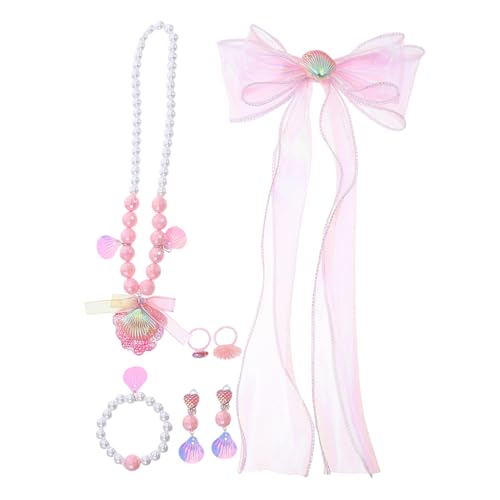WOONEKY Teiliges Kinderschmuck-set für Mädchen Meerjungfrau-design mit Perlenarmband Muschel-halskette Fingerring und Clip-ohrringen Leichtes Hautfreundliches Material für Rollenspiele und von WOONEKY