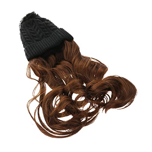 WOONEKY Warmer Eleganter Strickperückenhut mit Langen Lockigen Haaren Nahtlos Integriert für Damen Herbst Winter Bequeme Mütze mit Modischem Haarteil für Alltag und Outdoor Einsatz von WOONEKY