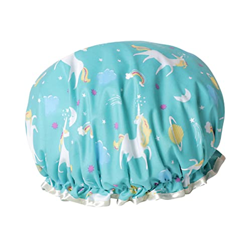 WOONEKY Wiederverwendbare Duschhaube Doppelschicht Öl Und Cartoon Badhut Für Damen Und Herren Atmungsaktive Badehaube Blaues Einhorn Design Für Dusche Und Küche von WOONEKY