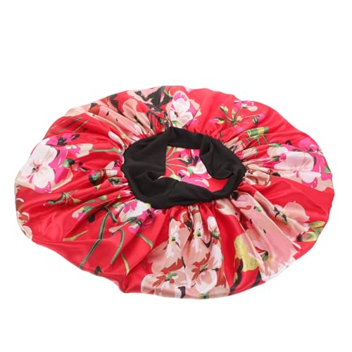 WOONEKY Elastische Schlafmütze Für Damen Krempe Atmungsaktive Satin-haube Rundkopf-badehaube Für Zuhause Und Reisen Weinrot von WOONEKY