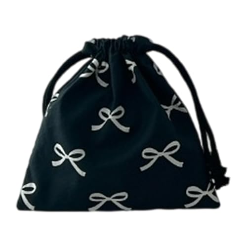 WOOSEO Kleine Tasche mit Schleife, funktionelle Baumwolltasche mit Schleife, für Kopfhörer, Lippenstifte, Schlüssel, Schwarz, L von WOOSEO