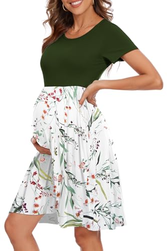 WOOXIO Damenmode Kurzarm Umstandskleid mit Taschen Patchwork Schwangerschaft Kleidung, Armeegrünes Blattweiß, L von WOOXIO