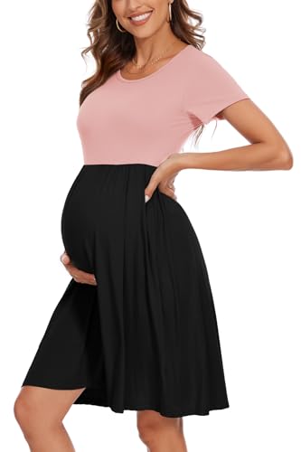 WOOXIO Damenmode Kurzarm Umstandskleid mit Taschen Patchwork Schwangerschaft Kleidung, Pink-Schwarz, L von WOOXIO