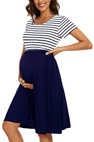 WOOXIO Damen Kurzarm Umstandskleid Patchwork Schwangerschaftskleidung mit Taschen, Weiß / Marineblau / gestreift, Groß von WOOXIO