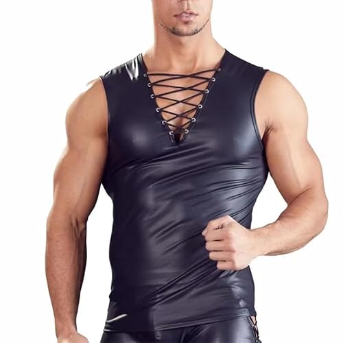 Herren Sexy T-Shirt Latex Shirts Herren Tops Herren Sexy Leder Weste Ärmellos Unterhemd Männer Muskelshirt Top V-Ausschnitt Unterhemden Kurzarm Latex T-Shirt Unterwäsche Lack Leder Erotik Shirts Tops von WOPOLIUE