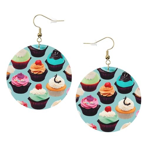 Bunte Cupcakes Leder Runde Ohrringe für den täglichen Gebrauch bei der Arbeit Damenmode, Einheitsgröße, Kunstleder von WOPQS