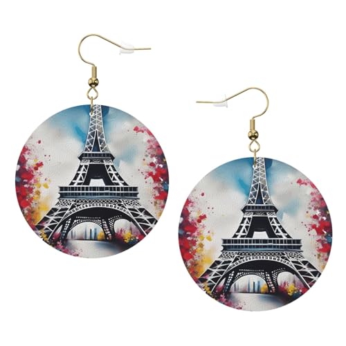Eiffelturm Paris Malerei Leder Runde Ohrringe Tägliches Zubehör Arbeiten bei der Arbeit Damenmode, Einheitsgröße, Kunstleder von WOPQS