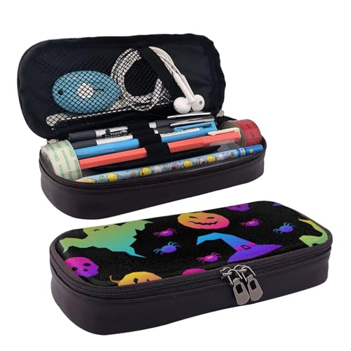 Federmäppchen aus Leder, Regenbogen-Design, Halloween, Hexenhut, Spinnen, Stifteetui, Schreibwaren, College-Tasche, Organizer von WOPQS