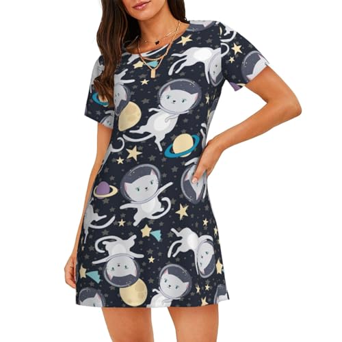 Fun Cat Astronaut Damen Kurzarm Nachthemd Essentials T-Shirt Kleid Kurzer Rock Heimkleidung, Schwarz , 3XL von WOPQS