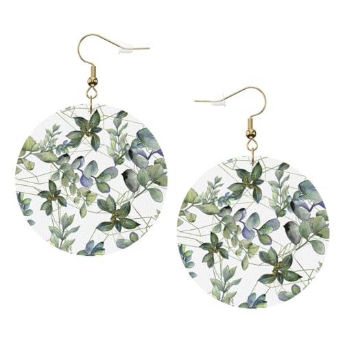 Grüne Eukalyptusblätter Leder Runde Ohrringe Tägliches Zubehör Arbeiten bei der Arbeit Damenmode, Einheitsgröße, Kunstleder von WOPQS