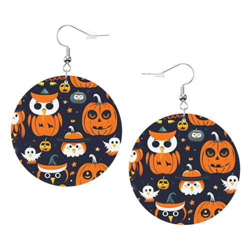Halloween-Eulen-Geister-Kürbis-Leder-Ohrringe, rund, Alltagszubehör, Arbeiten, Damenmode, Einheitsgröße, Kunstleder Halloween-Eulen-Geister-Kürbis-Leder-Ohrringe, rund, Alltagszubehör, Arbeiten, Damenmode, Einheitsgröße, Kunstleder von WOPQS