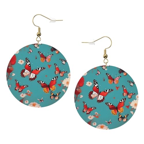 Hen Flying Butterflies Among Flowers Leather Round Earrings Daily Accessories Working At Work Women'S Fashion, Einheitsgröße, Kunstleder von WOPQS