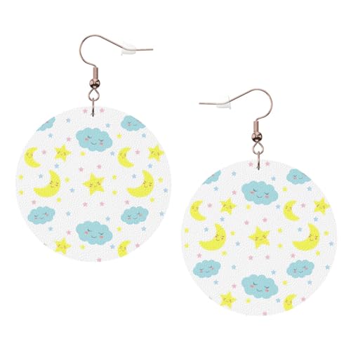 Moon Cloud Star Leder Runde Ohrringe Alltag Zubehör Arbeiten bei der Arbeit Damenmode, Einheitsgröße, Kunstleder von WOPQS