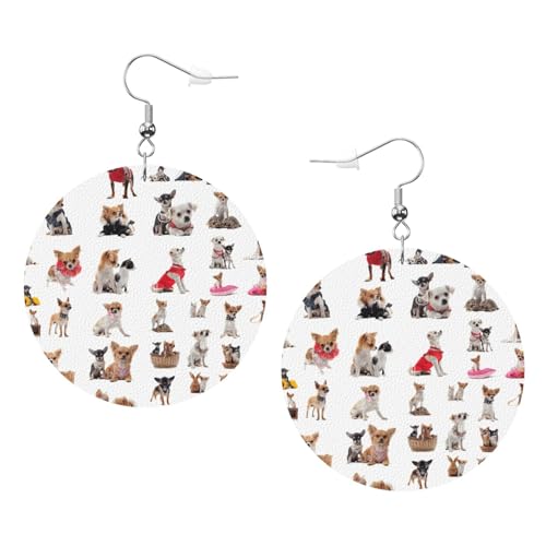 Niedliche Chihuahua-/Mops-Leder-Ohrringe, rund, für den täglichen Gebrauch, Arbeits-Arbeits-/Damenmode, Einheitsgröße, Kunstleder von WOPQS