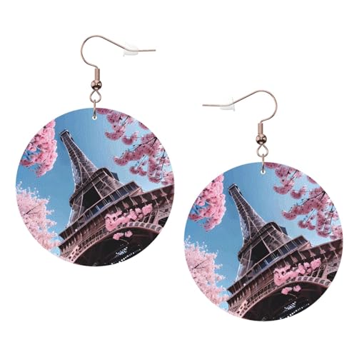 Ölgemälde Paris Eiffelturm Leder Runde Ohrringe Tägliches Zubehör Arbeiten bei der Arbeit Damenmode, Einheitsgröße, Kunstleder von WOPQS