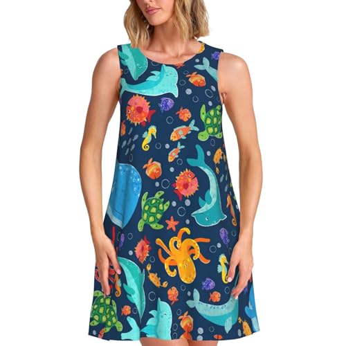 Ocean Whale Fish Octopus Damen Ärmelloses Kleid mit Tasche Abend Date Party Freizeit Urlaub Strand, Schwarz , M von WOPQS