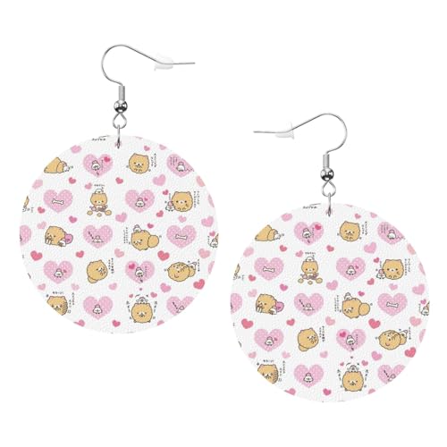 Pomeranians Cartoon Blumen Leder Runde Ohrringe Tägliche Accessoires Arbeiten bei der Arbeit Damenmode, Einheitsgröße, Kunstleder von WOPQS