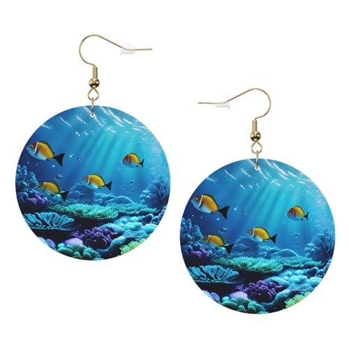 Ruhige Unterwasserlandschaft Leder Runde Ohrringe für den täglichen Gebrauch bei der Arbeit Damenmode, Einheitsgröße, Kunstleder von WOPQS