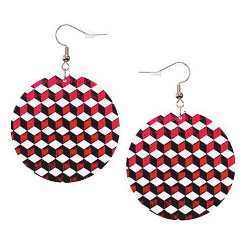 Runde 3D-Ohrringe aus rotem kariertem Leder, für den täglichen Gebrauch bei der Arbeit, Damenmode, Einheitsgröße, Kunstleder von WOPQS